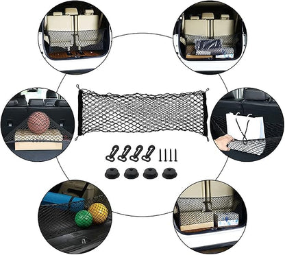 Car Rear Cargo Net, Universal Adjustable Elastic Trunk Cargo Storage Organizer Net Compatible for SUV, Jeep, Truck, Storage Nylon Mesh Double-Layer with Hooks (35.4 x 15.7 Inch)
