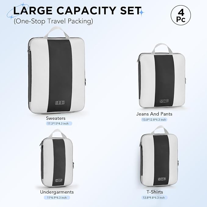 OlarHike 4 Set Compression Packing Cubes for Travel Essentials,Compressible Expandable Space Saver Bags for Organizing Clothes,Luggage Suitcase Garment Bags with Over 1000 pcs Mesh Holes(Black)