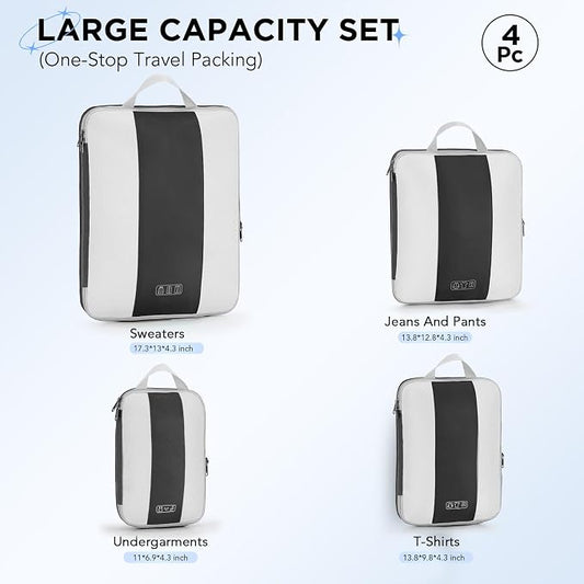 OlarHike 4 Set Compression Packing Cubes for Travel Essentials,Compressible Expandable Space Saver Bags for Organizing Clothes,Luggage Suitcase Garment Bags with Over 1000 pcs Mesh Holes(Black)