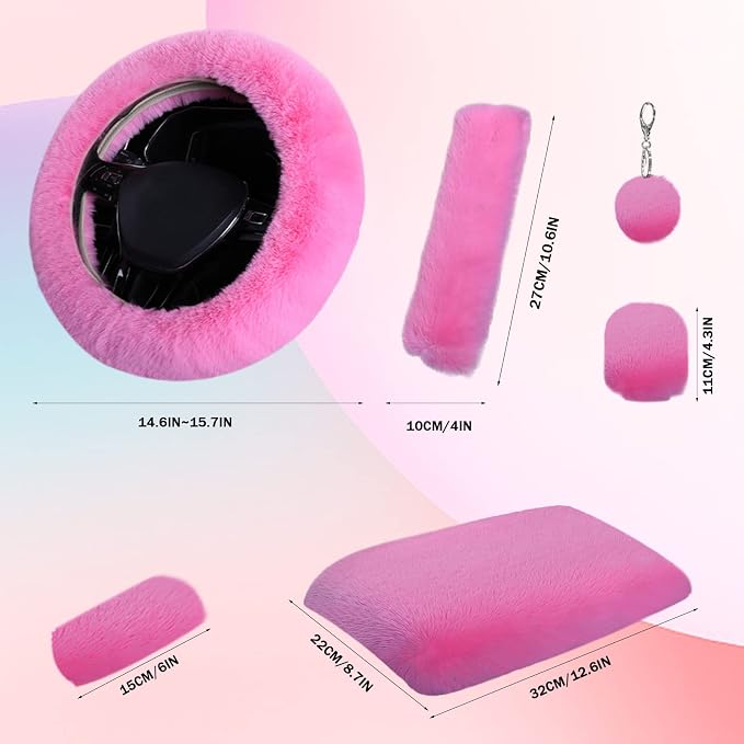 7PCS Set car Interior Aesthetic Accessories, Fluffy 15 inch Steering Wheel Cover, armrest pad, seat Belt Cover,Gear Shift Cover, Fit Girly car Accessories for Women.