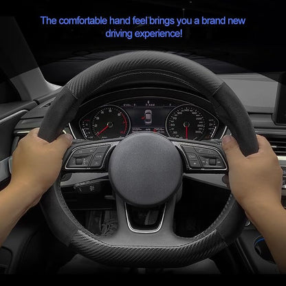 Carodi Suede Carbon Fiber Steering Wheel Cover Car Non-Slip Leather Car Interior Fitting 15-inch Universal（D-Shape,Black ）