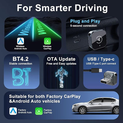 2026 New 2-in-1 Car Wireless CarPlay Android Adapter Quick Auto Connect Plug and Play CarPlay Adapter Wired to Wireless Plug and Play with Type-C Adapter for iPhone and Android Compatible Cars