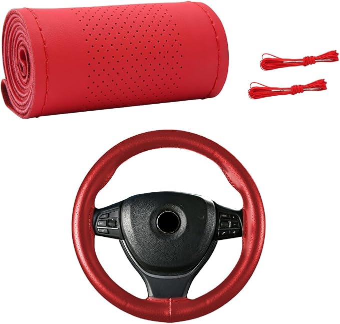 Wevdn Genuine Leather Steering Wheel Cover, Stitch on Wrap, DIY Sewing Steering Wheel Protector, 15 Inch Breathable Non-Slip Steering Wheel Protector, Car Accessories (Red, Middle Hole)