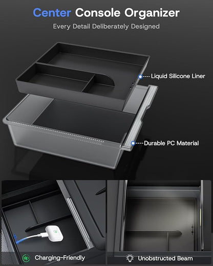 Center Console Organizer Tray for Tesla Model Y Juniper 2025 2026 (Premium & Performance) & Model 3 Highland, PC Material & Silent Silicone Armrest Storage Box Wireless Charging Pad Cup Holder