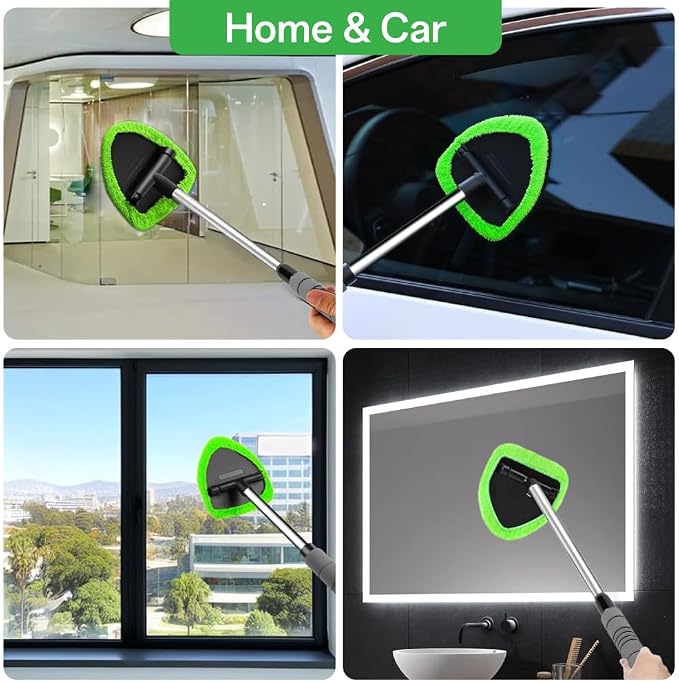 Windshield Cleaner Tool with Extendable Handle, Car Window Cleaning Kit for Inside & Outside Glass, Includes Microfiber Pads, Brush & Bottle (7 Pcs, Green)