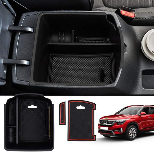 Autorder Center Console Organizer for Kia Seltos 2021 2022 2023 2024 2025 2026 Accessories Armrest Storage Box Secondary Insert Tray with 2 Color Mats