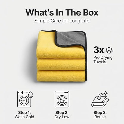 Microfiber Towels for Cars - 15.7" x 15.7" inches, Highly Absorbent Professional Grade Drying Towel Set for Superior Cleaning and Drying Performance - Car Drying & Kitchen Towel - Pack of 3