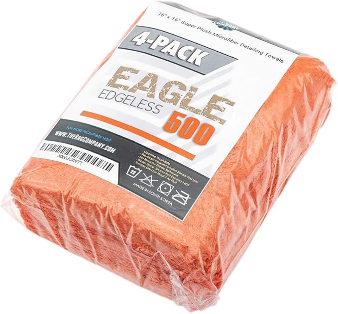 The Rag Company - Eagle Edgeless 500 (4-Pack) Professional Korean 70/30 Blend Super Plush Microfiber Detailing Towels, 500GSM, 16in x 16in, Orange