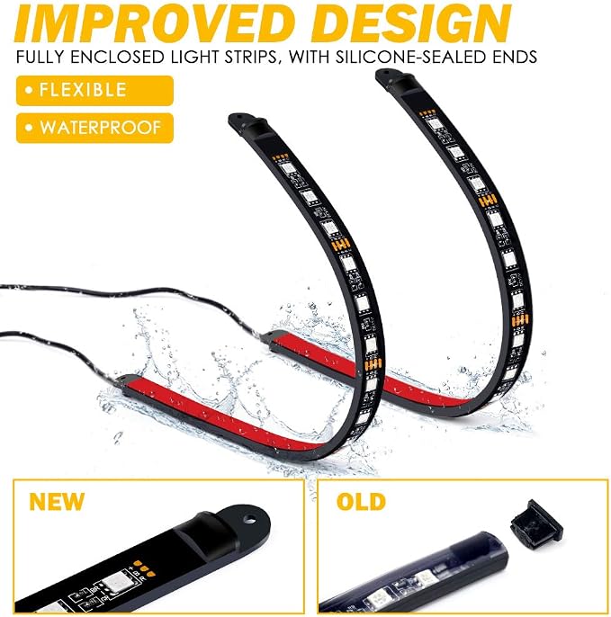 Xprite RGB LED Car Interior Bluetooth Light Strips w/Remote & Control Box, Silicone Sealed, Under Dash Footwell Lights Kit w/Cigarette Adapter for Vehicle Internal SUV Truck - 4 PCS