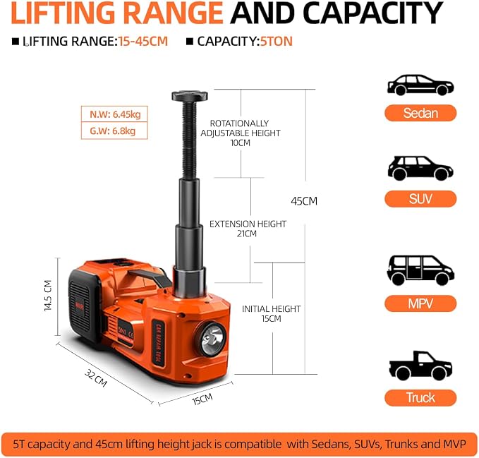 Car Jack Electric Hydraulic Jack Kit 5Ton 155-450mm LCD Display Lift Inflator LED Light Impact Wrench 12V Portable Outdoor Home Emergency Tire Change Roadside Rescue Set