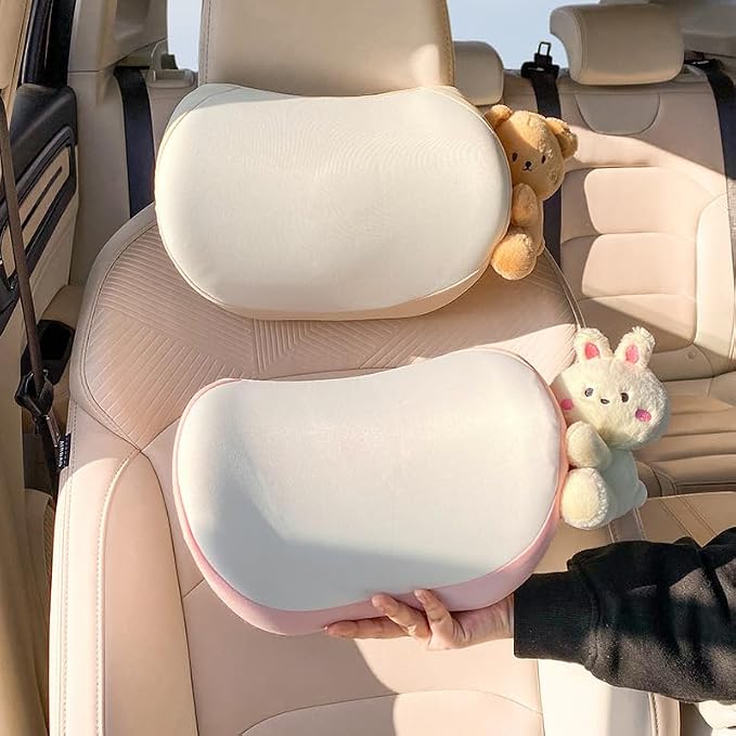 Car Headrest Pillow 2PCS Bear or Bunny Car Seat Neck Pillow Car Decor Memory Foam Neck Support Cushions for Comfortable Driving, Easy Install & Washable (Pink)