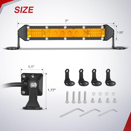 Nilight Slim LED Light Bar 2Pcs 7 Inch 16LED Single Row Spot Flood Combo Amber Off Road Work Driving Fog Turn Signal Lighting for 12V 24V ATV UTV Pickup Truck Tractor Boat