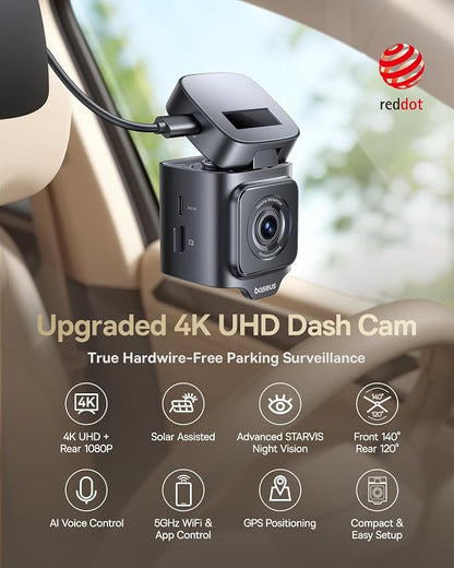 Baseus VD1 Pro Solar Dash Cam Front and Rear, 4K+1080P Dash Camera for Cars, Battery Powered Parking Mode, Starvis Night Vision, 32 GB Card Included, 5GHz WiFi, GPS, Wide Angle,Voice Control