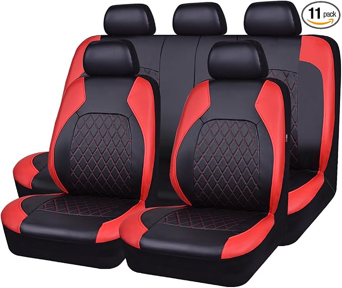 Universal Faux Leather Car Seat Covers Full Set Airbag Compatible Breathable Fit for Cars Trucks SUVs Deluxe Pu Luxury Vinyl(Black with Red)