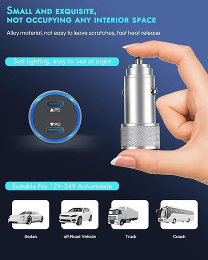 iPhone 17 Car Charger,2Pack Dual Port USB C Fast Car Charger Type C Rapid Charging Adapter with 2Pack USB C to C Nylon Braid Cable Woven Cord Fast Charging for iPhone 17/17 Pro/16/16 Pro Max/iPad