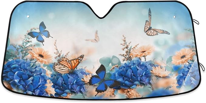 Butterfly Daisy Car Windshield Sun Shade Blue Hydrangea Yellow Flowers Foldable UV Ray Sun Visor Protector Sunshade to Keep Your Vehicle Cool (55" x 27.6")
