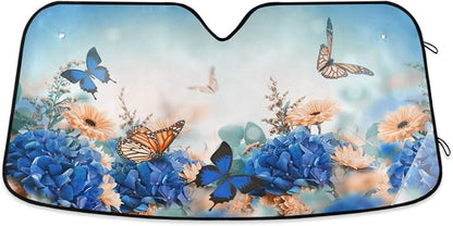 Butterfly Daisy Car Windshield Sun Shade Blue Hydrangea Yellow Flowers Foldable UV Ray Sun Visor Protector Sunshade to Keep Your Vehicle Cool (55" x 27.6")