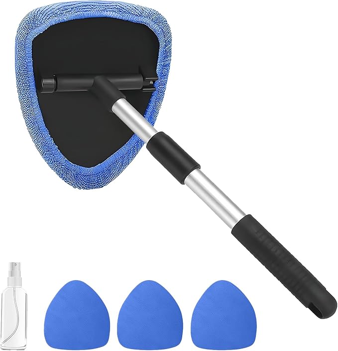 Windshield Cleaning Tool, Car Window Cleaner with Extendable Handle, 4 Microfiber Pads and Spray Bottle, Auto Interior Exterior Glass Wiper Cleaning Kit Universal for RV, SUV, Truck (Blue)