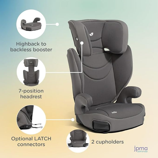 Joie Basil Highback and Backless Booster Car Seat for Big Kids 4 to 12 Years Old, Lightweight 2-in-1 Design (Thunder)