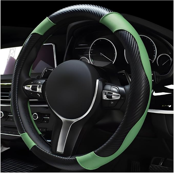 povtii Car Steering Wheel Cover, 15 Inch Leather Breathable Auto Steering Wheel Protector, Comfortable Non-Slip Vehicle Steering Wheel Covers, Universal Car Accessories (Green, with Lining)