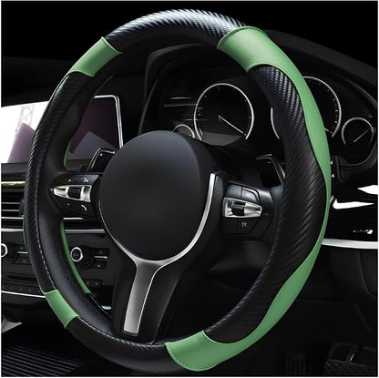 povtii Car Steering Wheel Cover, 15 Inch Leather Breathable Auto Steering Wheel Protector, Comfortable Non-Slip Vehicle Steering Wheel Covers, Universal Car Accessories (Green, with Lining)