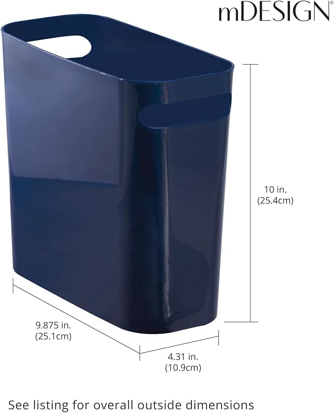 mDesign Plastic Small Trash Can, 1.5 Gallon/5.7-Liter Wastebasket, Narrow Garbage Bin with Handles for Bathroom, Laundry, Home Office - Holds Waste, Recycling, 10" High, Aura Collection, Navy Blue