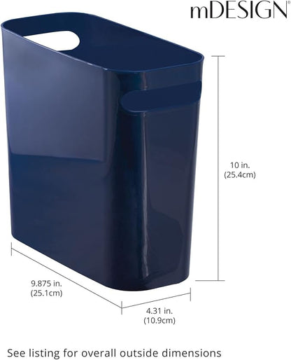 mDesign Plastic Small Trash Can, 1.5 Gallon/5.7-Liter Wastebasket, Narrow Garbage Bin with Handles for Bathroom, Laundry, Home Office - Holds Waste, Recycling, 10" High, Aura Collection, Navy Blue