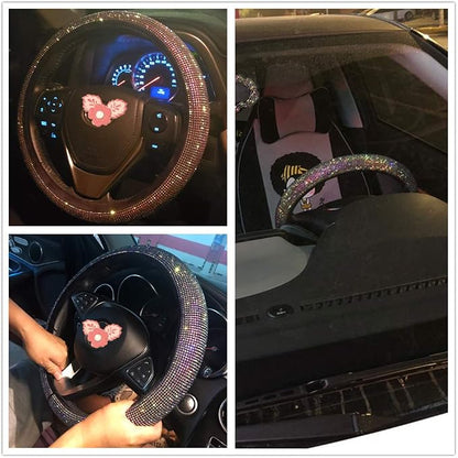 Car Sparkly Steering Wheel Cover Bedazzled for Women Girls, Large Size 15 1/2''-16'' inch Colorful Bling Anti-Slip Wheel Protector, Black