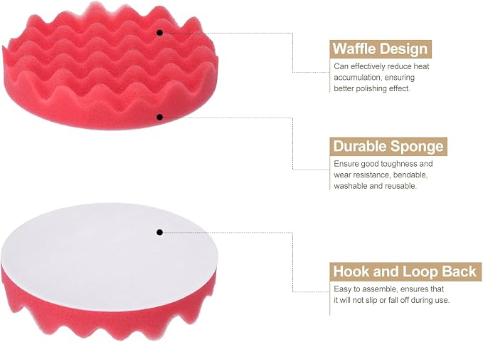 HARFINGTON 3pcs Buffing Sponge Pads 6" Polishing Wheel Waffle Finishing Grip Pad Car Buffer Polisher with Hook and Loop Back for Car Detailing Polishing Waxing, Red