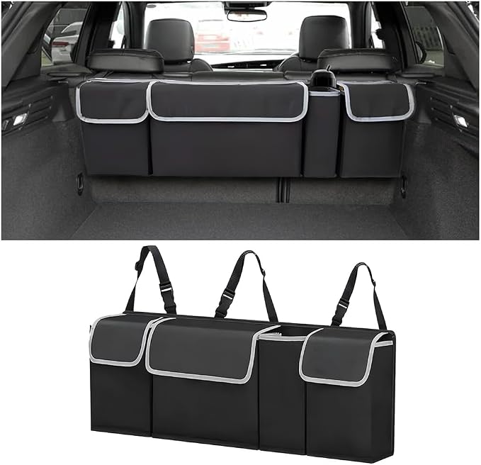 BELOMI Car Trunk Organizer, Auto Waterproof Sturdy Backseat Hanging Large Storage Collapsible Cargo Bag with Anti-Slip Adjustable Strip&4 Pockets, Vehicle Interior Accessories for Man Woman (Black)
