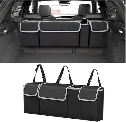 BELOMI Car Trunk Organizer, Auto Waterproof Sturdy Backseat Hanging Large Storage Collapsible Cargo Bag with Anti-Slip Adjustable Strip&4 Pockets, Vehicle Interior Accessories for Man Woman (Black)