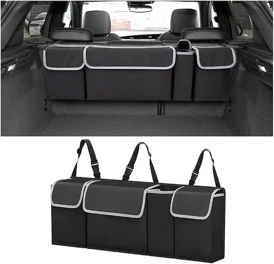 BELOMI Car Trunk Organizer, Auto Waterproof Sturdy Backseat Hanging Large Storage Collapsible Cargo Bag with Anti-Slip Adjustable Strip&4 Pockets, Vehicle Interior Accessories for Man Woman (Black)