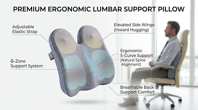 Seat Cushion & Lumbar Support Pillow Set for Office Chair, Memory Foam Seat Cushion with Adjustable Strap, Comfort Support Cushions for Office Chair, Car and Wheelchair (Dark Grey)
