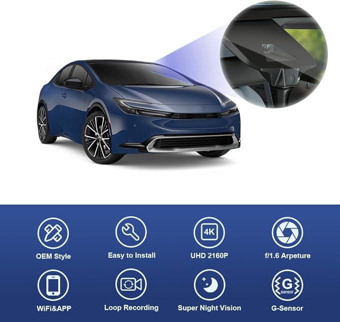 Fitcamx 4K Dash Cam Suitable for Toyota Prius 2023-2026 & Prime Plug-in Hybrid (XW60), OEM Factory Look, UHD 2160P Video, Built-in WiFi & APP, Loop Recording, G-Sensor, Plug & Play, 64GB Card