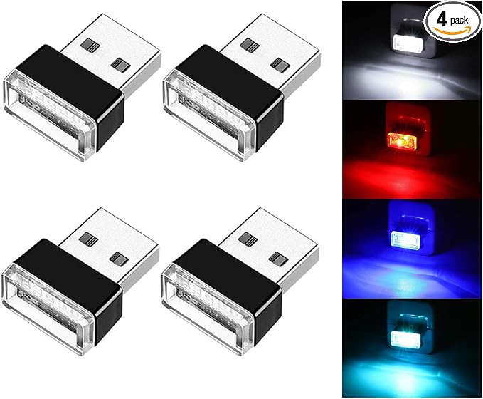 Ziciner 4 PCS USB LED Car Interior Atmosphere Lamp, Portable Mini LED Night Light, Plug-in USB Interface Trunk Ambient Lighting Kit, Car Accessories (White, Blue, Red, Ice Blue)
