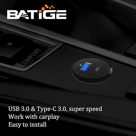 Type C 3.0 USB 3.0 Alloy Shell Car Mount Flush USB Port Cable Male to Female, Car Truck Boat Motorcycle Dashboard Panel Extension Cable LED Indicator - 3ft