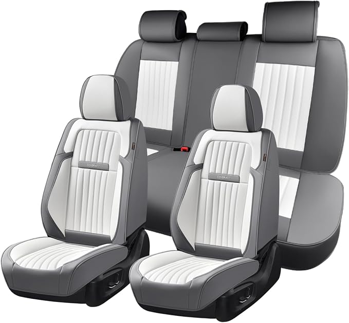 Coverado Car Seat Covers Full Set, Seat Covers for Cars, Car Seat Cover, Car Seat Protector, Leather Car Seat Cushion, Waterproof Car Seat Covers Front Seats and Back Fit for Most Cars(Gray&White)