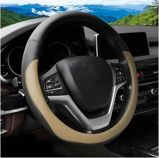Car Steering Wheel Cover, 14.5"-15" Leather Anti-Slip Sporty Vehicle Steering Wheel Protector, Soft Breathable Auto Interior Decoration Accessories, Universal for SUV Truck Sedan (Beige)