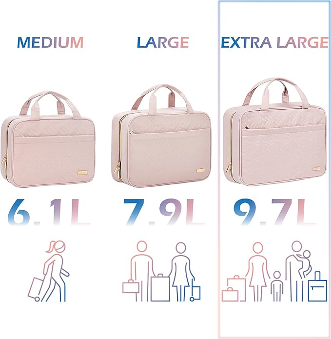 NISHEL Travel Toiletry Bag for women, Portable Hanging Organizer for Family-Sized Shampoo, Conditioner, Brushes Set, Makeup Accessories, Extra Large Size, Pink