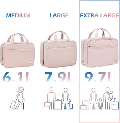 NISHEL Travel Toiletry Bag for women, Portable Hanging Organizer for Family-Sized Shampoo, Conditioner, Brushes Set, Makeup Accessories, Extra Large Size, Pink