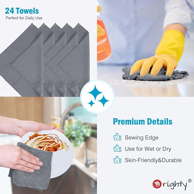 Orighty Grey Microfiber Cleaning Cloth, Microfiber Towels for Cars, Highly Absorbent Car Cleaning Supplies, Lint Free Cloths Clean Rags for Car Care, House, Kitchen, 12x11 inch, Pack of 24