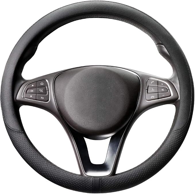 COFIT Breathable Car Steering Wheel Cover 15 inch Auto Universal Leather Wrap Non-Slip Steeringwheel Protector Automotive Interior Accessories, Black (Suit for 14 1/2-15 inch)