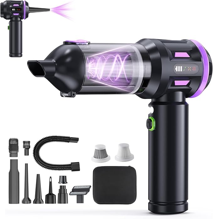 Portable Cordless Car Vacuum, 4-in-1 Handheld with Air Blower, Brushless Motor, 22000Pa Suction, Type-C Fast Charging, LED Light, for Pet Hair Car Home Office, with Case (Black Purple)