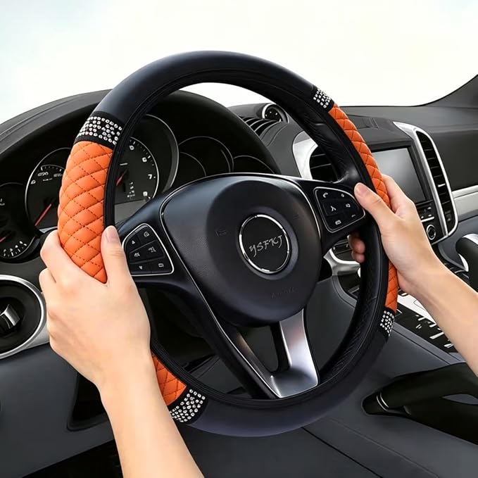 Soft Leather Car Steering Wheel Cover, Universal 15 Inch Colorful Rhinestones Anti-Slip Elastic Steering Wheel Covers for Most Cars, Sparkly Crystal Diamond for Women Girls (Orange)