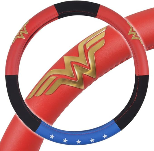 BDK Wonder Woman Steering Wheel Cover - Synthetic Leather - Stars & Gold Logo - Fits All Standard Size Wheel 15 Inch, Model Number: WBSW-1904