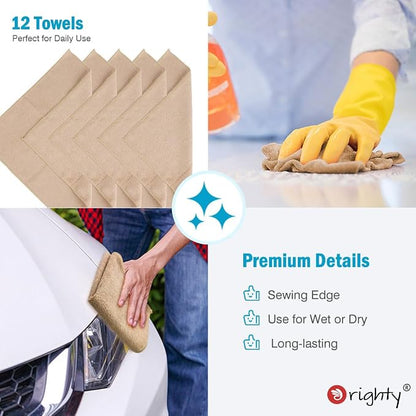 Orighty Microfiber Cleaning Cloth, 12 Pack Microfiber Towels for Cars, Highly Absorbent Car Cleaning Supplies, Lint Free Cloths Clean Rags for Car Care, House, Kitchen, 12x11 inch, Brown