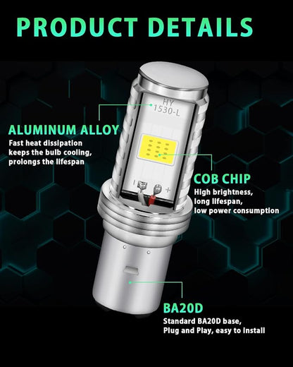 BA20D H616 COB 12W LED Aluminium Bulbs White Motorcycle Lights Bulb Backup Signal Blinker Stop Brake Tail Motorbike Light Bulbs Battery Car LED Headlight 900LM High/Low Beam(Pack of 2)