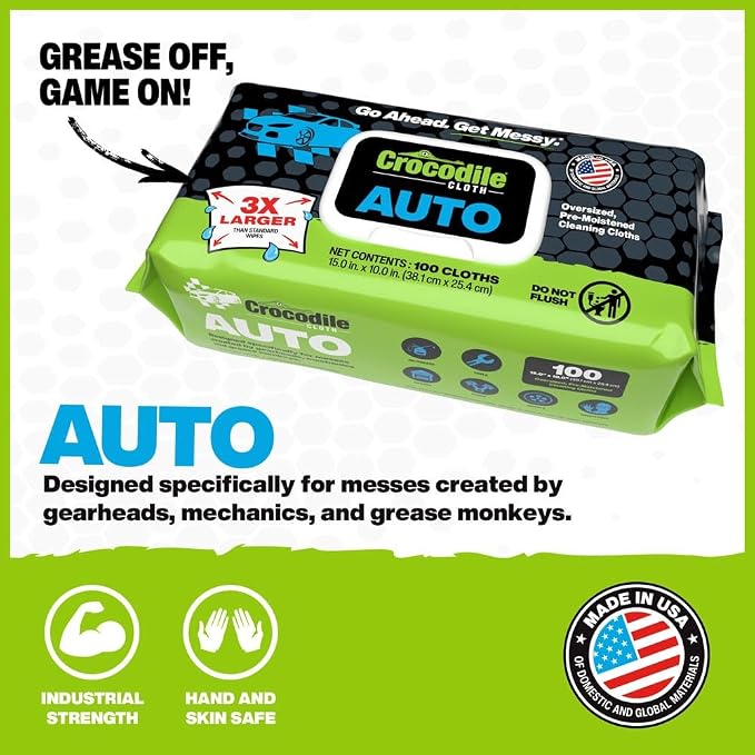 Crocodile Cloth Auto Cleaning Wipes – 100 XL (15" x 10") Disposable Wipes for Car Engine Degreasing, Body Detailing & Tire Cleaning – Cuts Grease, Oil, Adhesives on Hands, Tools, Parts & More