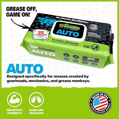 Crocodile Cloth Auto Cleaning Wipes – 100 XL (15" x 10") Disposable Wipes for Car Engine Degreasing, Body Detailing & Tire Cleaning – Cuts Grease, Oil, Adhesives on Hands, Tools, Parts & More