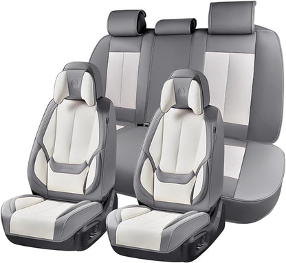 Coverado Seat Covers Full Set, 5 Seats Seat Covers for Cars, Waterproof Nappa Leather Car Seat Covers with Head Pillow, Seat Protectors Car Seat Cushion Universal Fit for Most Cars (Gray&White)